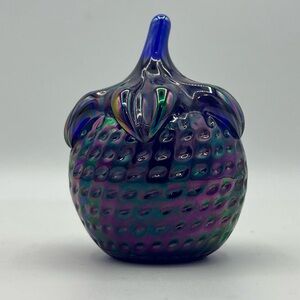 Gibson Studio Carnival Art Glass Blue Iridescent Strawberry Paperweigh